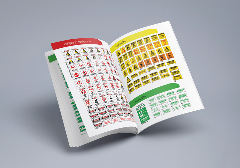 Muestra visual de referencias de señalización de prevención, prohibición, obligación y emergencia